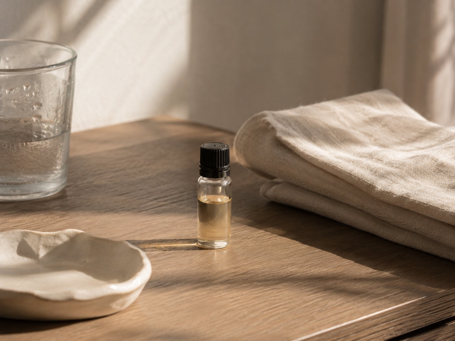 Single small perfume vial on a wooden desk for daily scent testing ritual
