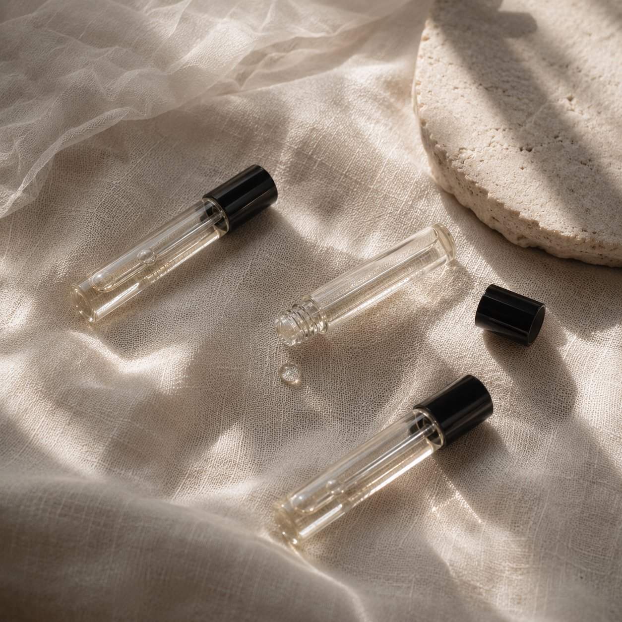 Small perfume sample vials for first contact with a fragrance
