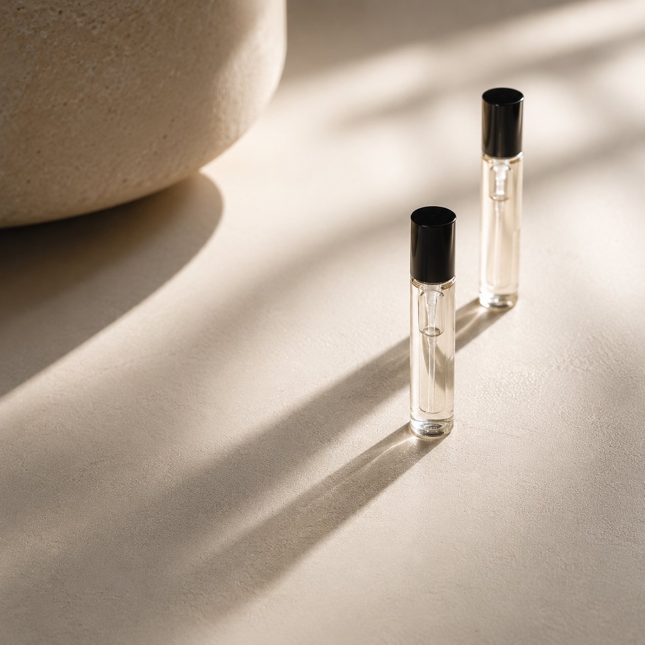 Glass circles and perfume vials showing controlled architecture of fragrance layering