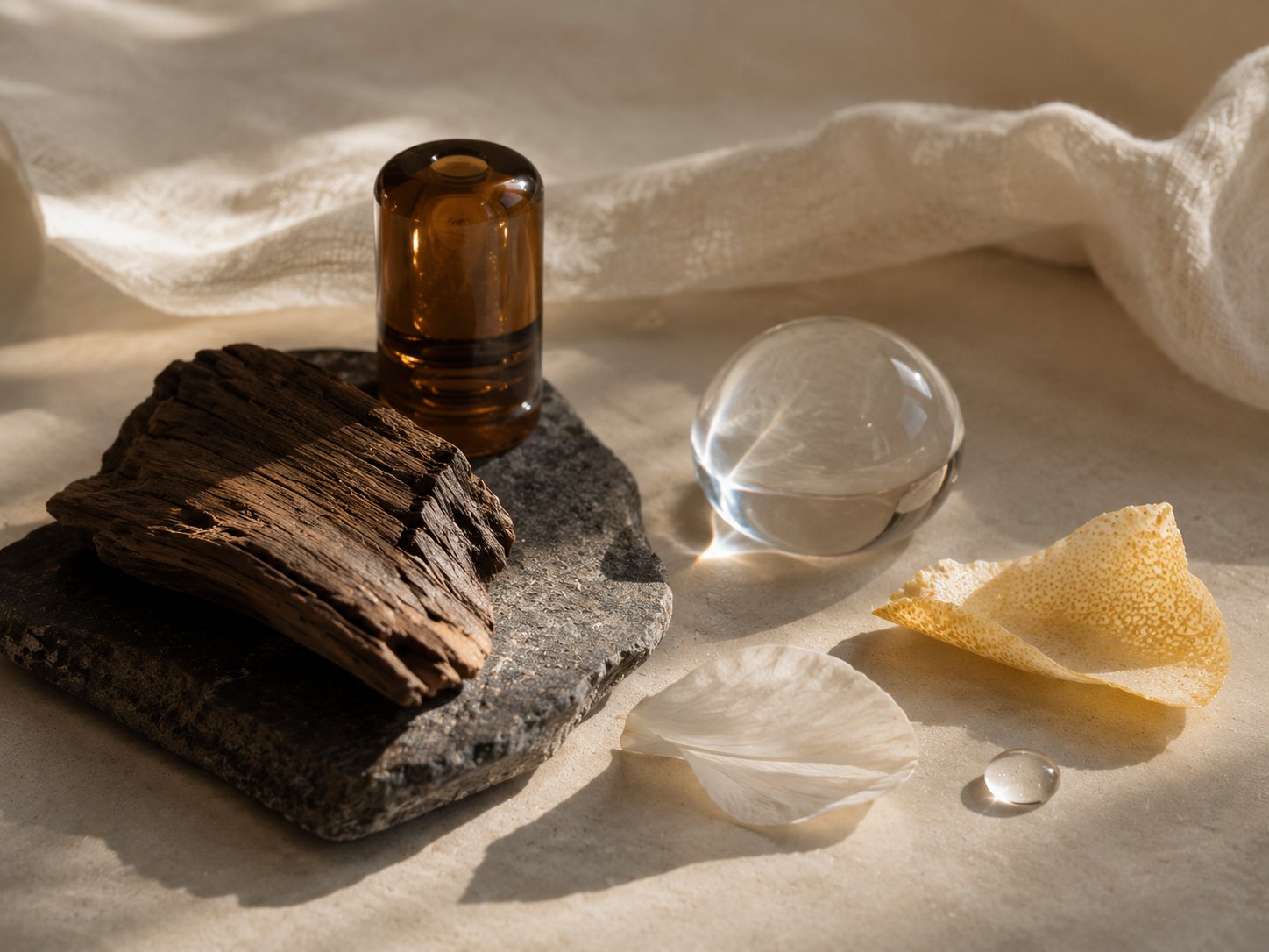Dark wood, stone and glass sphere illustrating base and modifier in fragrance layering