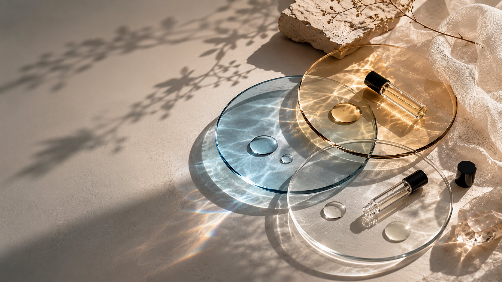 Two minimal perfume sample rollers showing disciplined fragrance layering