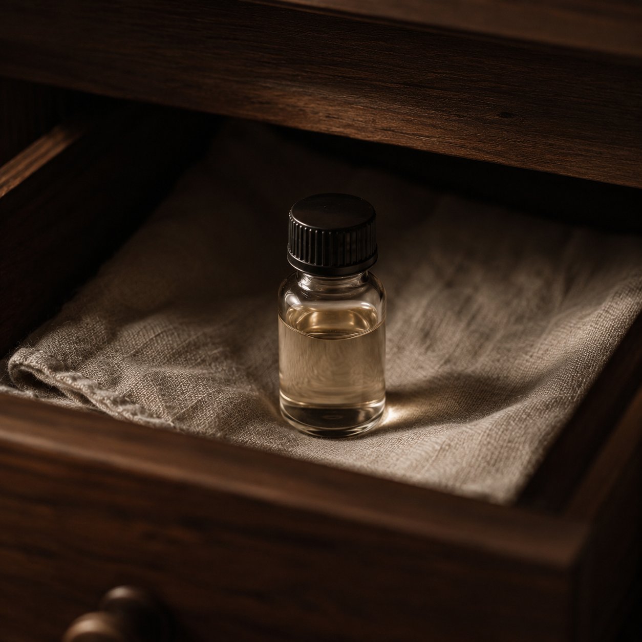 Small unlabelled perfume bottle stored in a dark wooden drawer for home maceration